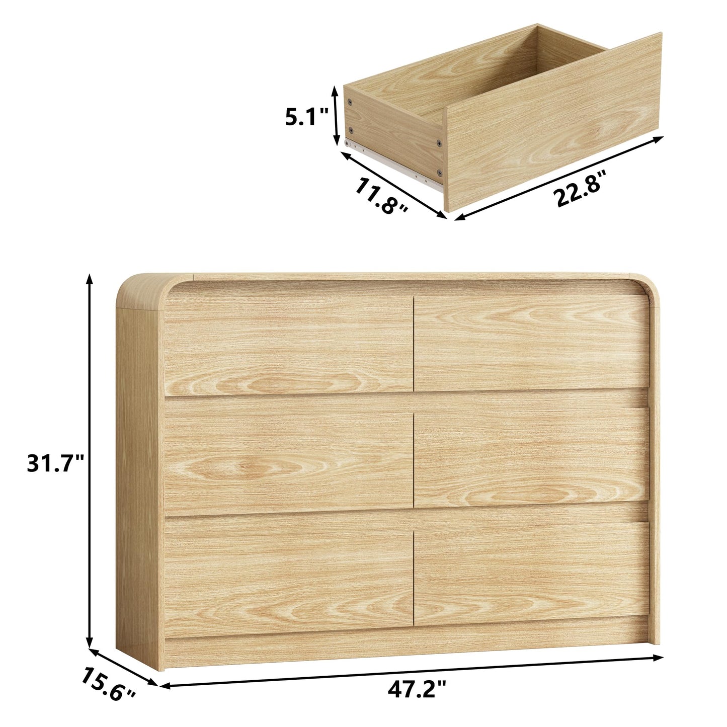 Furniouse Modern Dresser 6 Large Storage Drawers for Clothes Organizer, Modern Chest of Drawers for Closet, 47" Long Curved Profile Design Mid Century Dresser for Bedroom,Living