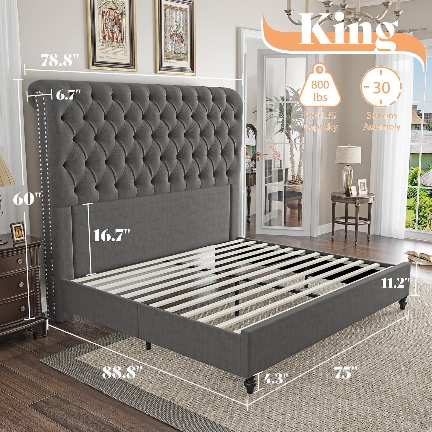AMERLIFE King Size Bed Frame with 60" Tall Wingback Headboard, Velvet Upholstered Platform, Button Tufted Sleigh Design, No Box Spring Needed,Grey