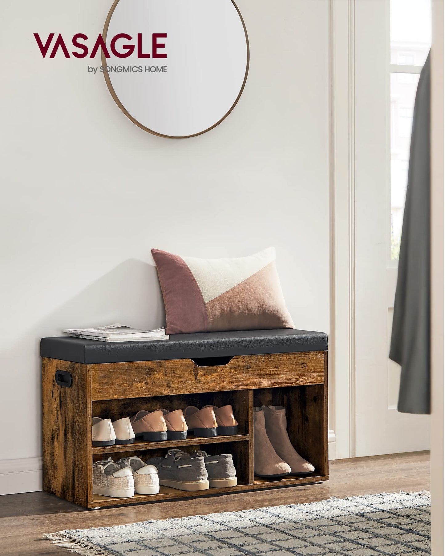 VASAGLE CUSTOS Collection - Storage Bench with Cushion, Shoe Bench, Padded Seat, Hidden Storage, Entryway, Hold up to 300 lb, 11.8 x 31.5 x 17.3 Inches, Rustic Brown and Ink Black ULHS30BX