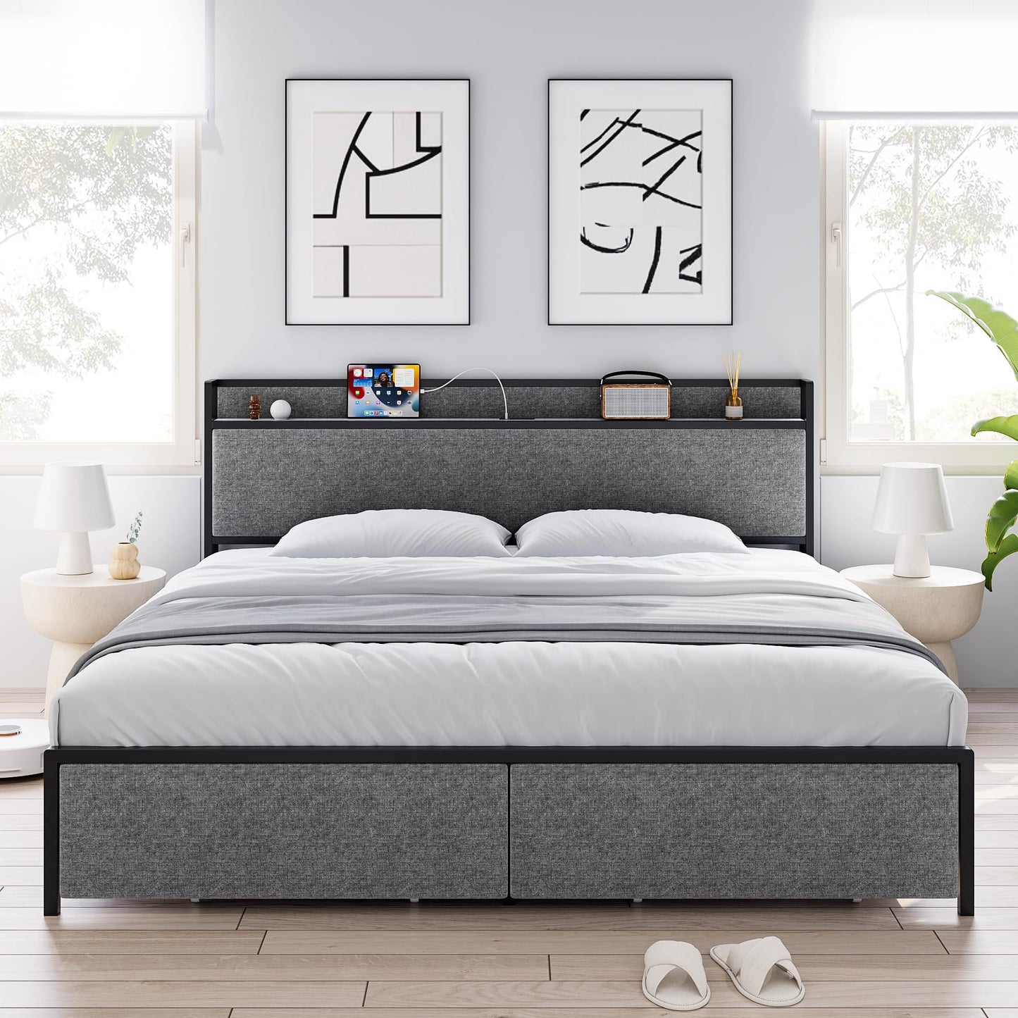 GarveeHome King Size Bed Frame with 2 Storage Drawers and USB Ports, Modern Platform Bed with Upholstered Shelf Headboard, Sturdy, Noise Free, No Box Spring Needed, Gray