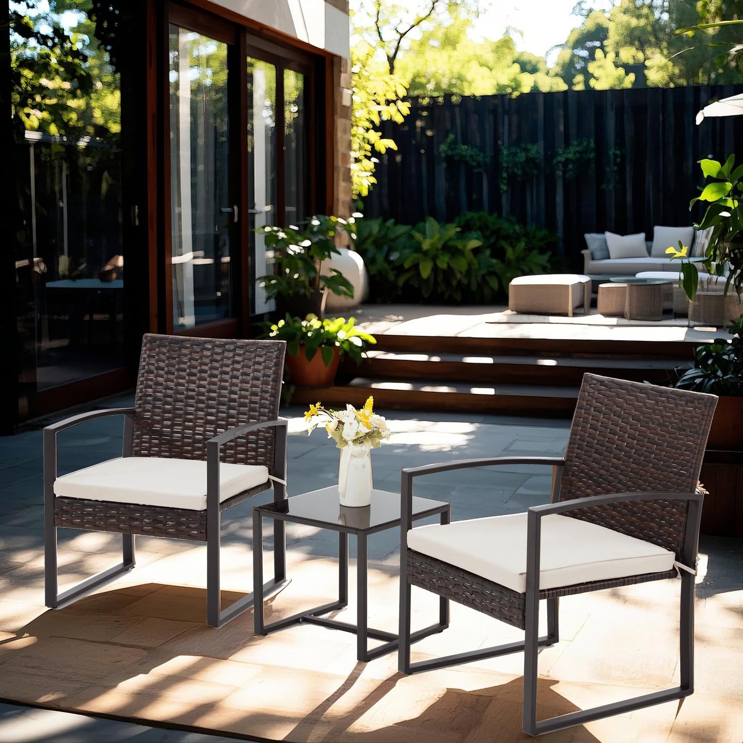 Bezseller 3 Pieces Patio Furniture Set, Outdoor Rattan Bistro Set with Coffee Table, Durable Steel Frame with Strapped Cushions for Garden, Balcony, Poolside, Backyard