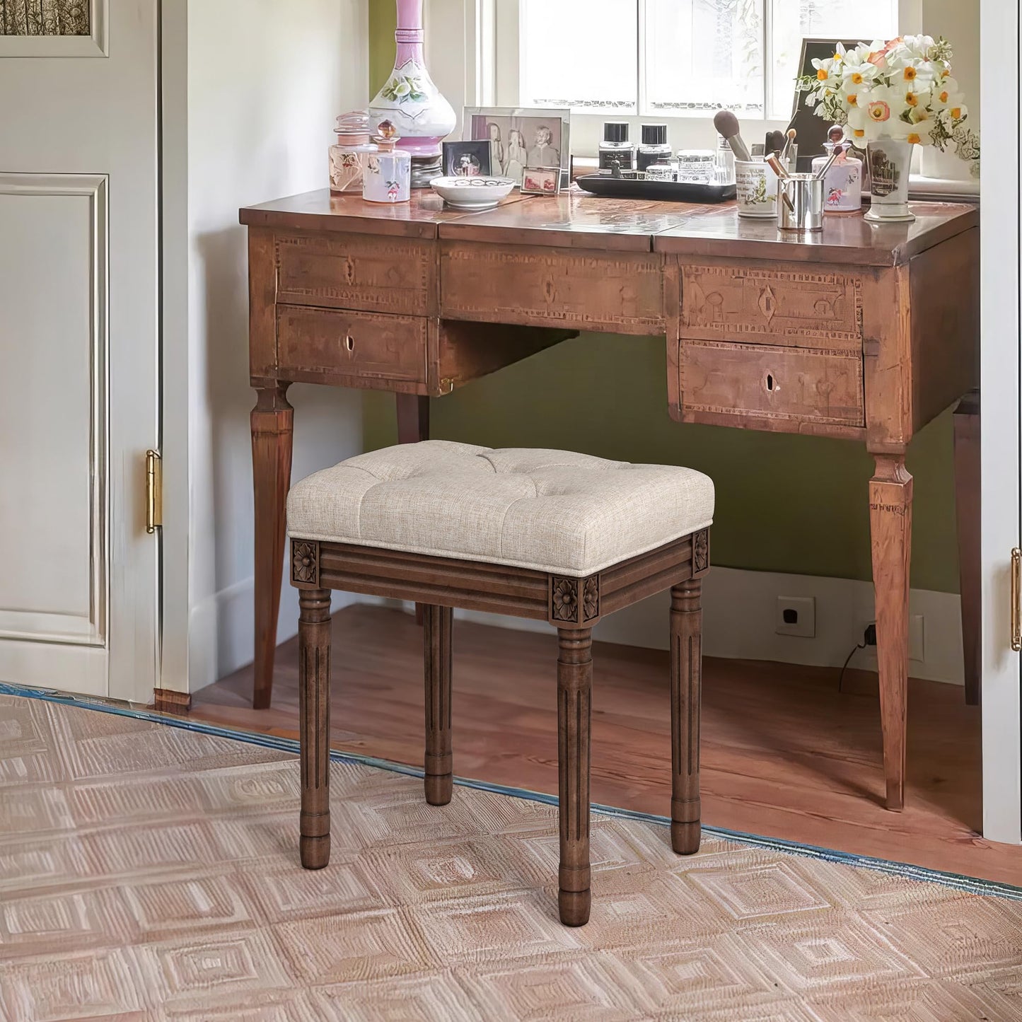 LUE BONA Upholstered Fabric Vanity Bench Seat, Makeup Stools for Vanity, Square Tufted Ottoman Bench with Carved Dark Brown Legs for Bedroom Living Room, Linen Color