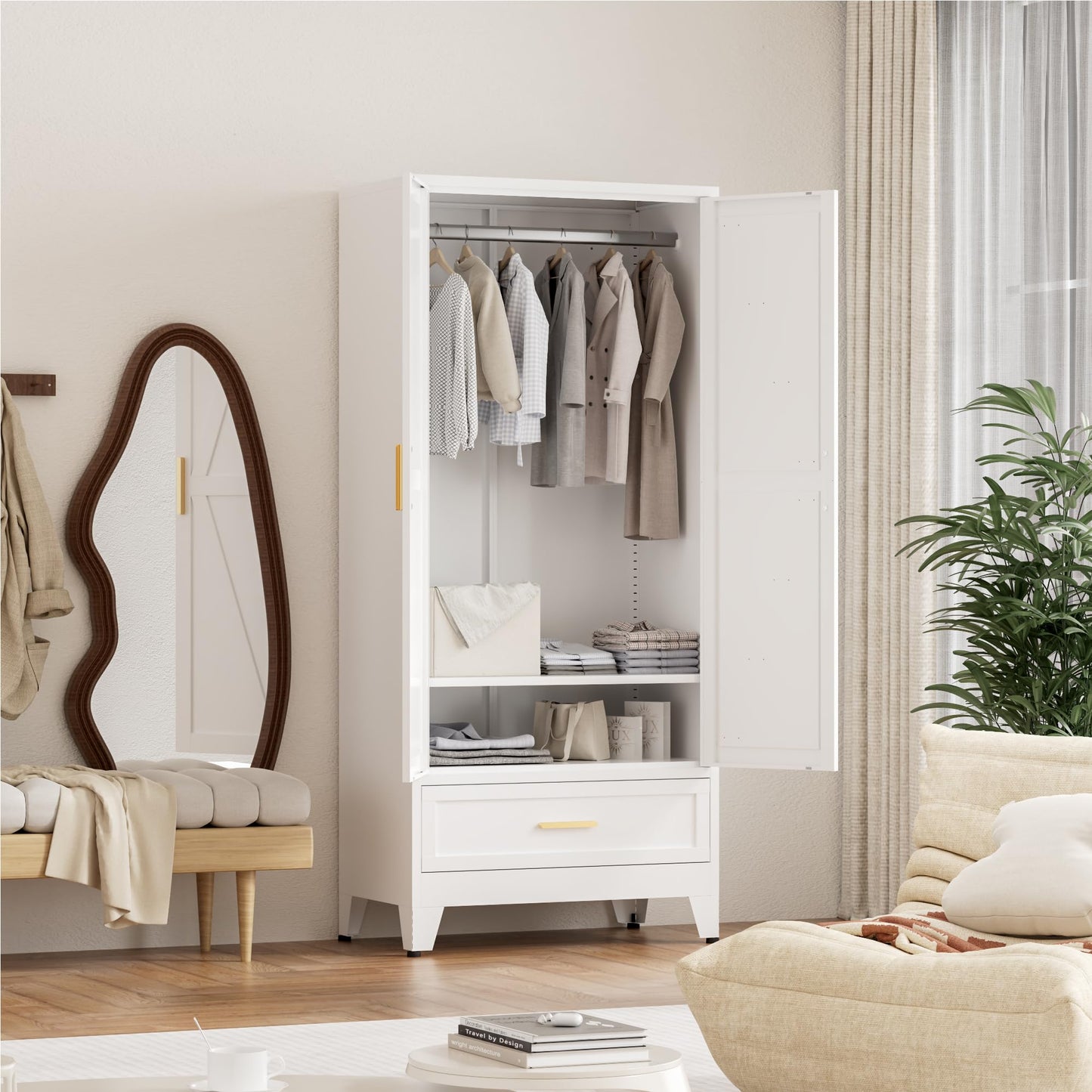 Washsemba 71'' Farmhouse Metal Wardrobe Cabinet with Hanging Rod, 2 Barn Door Wardrobe Closet with Adjustable Shelves,Drawer,for Dining Room,Bedroom,Living Room, Cloak Room,Office (White)