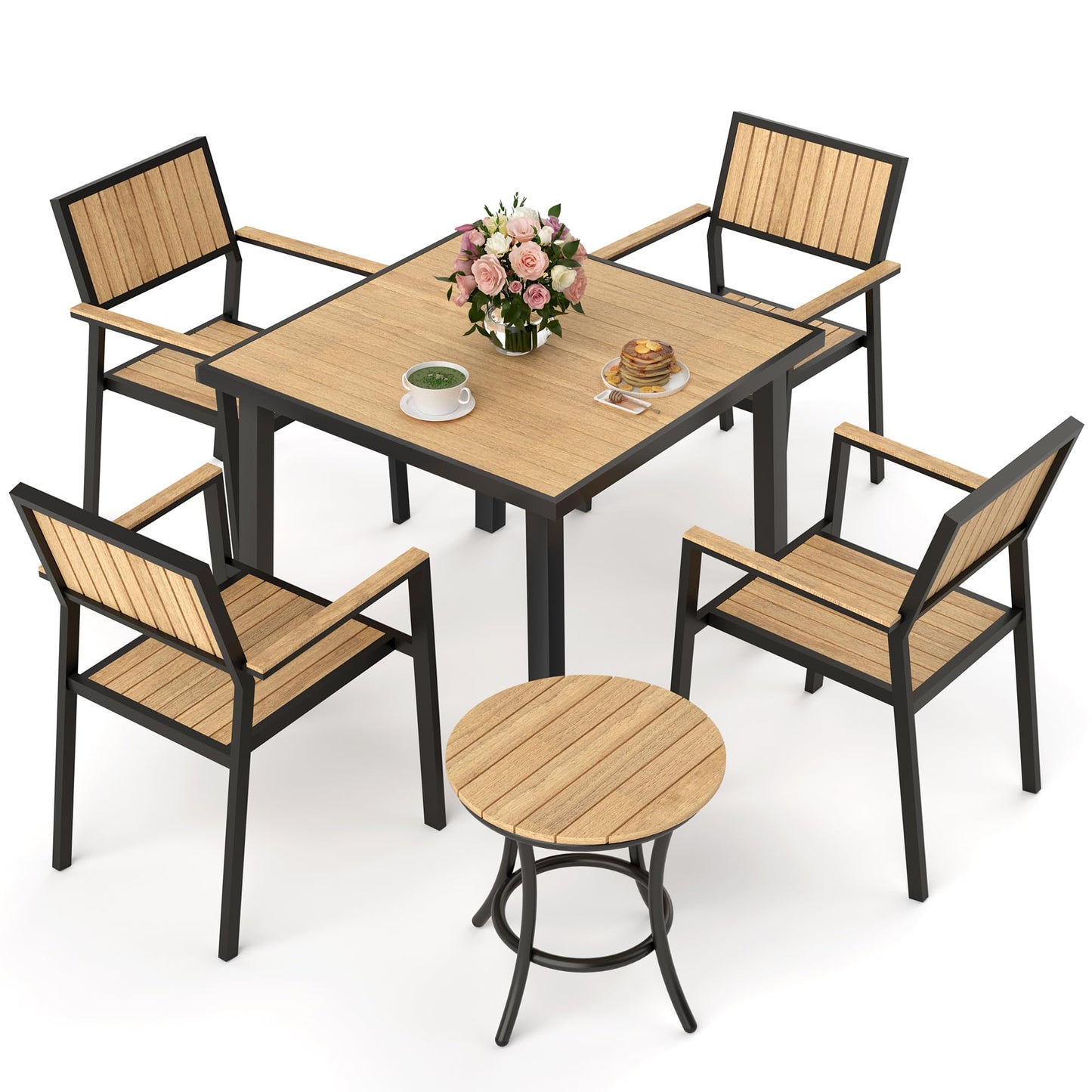 Pamapic 6-Piece Patio Dining Set,Outdoor Aluminum Furniture Set with Plastic-Wood Table Top,Outdoor Furniture Set with 4 Outdoor Stackable Chairs for Patio Garden Poolside (Teak)