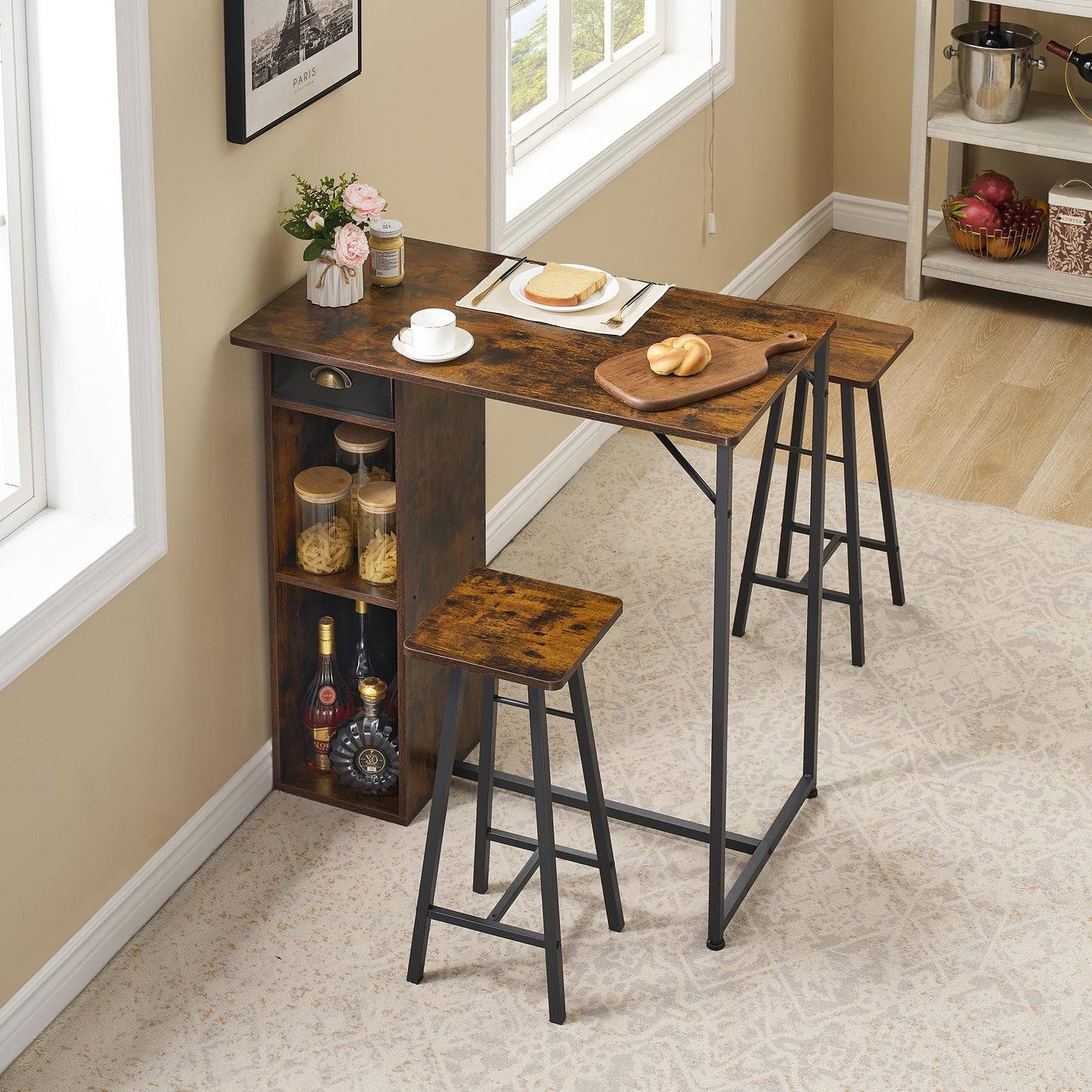 IDEALHOUSE 3-Piece Dining Table Set for 2, Kitchen Table and Chairs with Storage Drawer & Shelf – Compact Kitchen Table and 2 Bar Stools, Perfect for Small Kitchens, Apartments, Brown