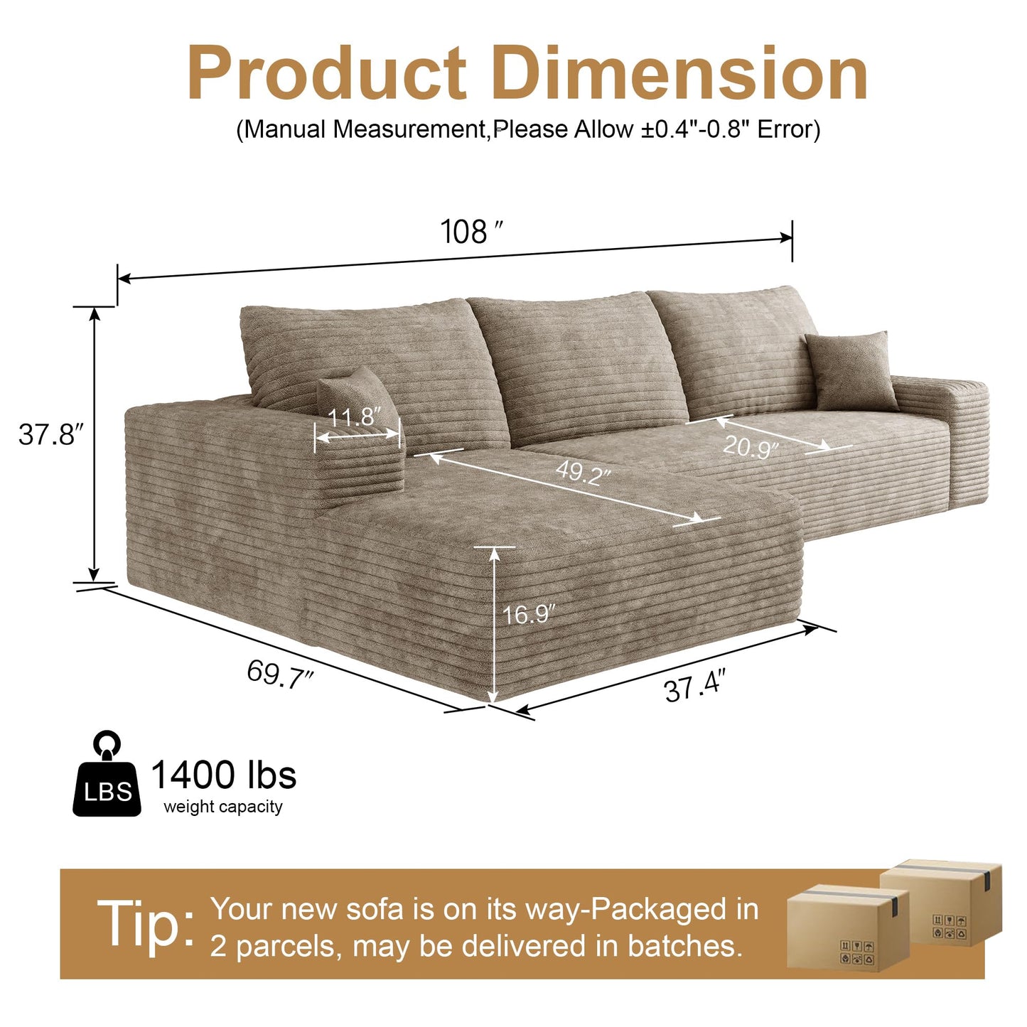 AUGOP 108" Sectional Couches for Living Room Modern Modular Sofa with L-Shape Couchs Upholstered Boneless Couch Deep Seat Sectional Couch with Chaise (Camel, Left Facing Chaise+2Seaters)