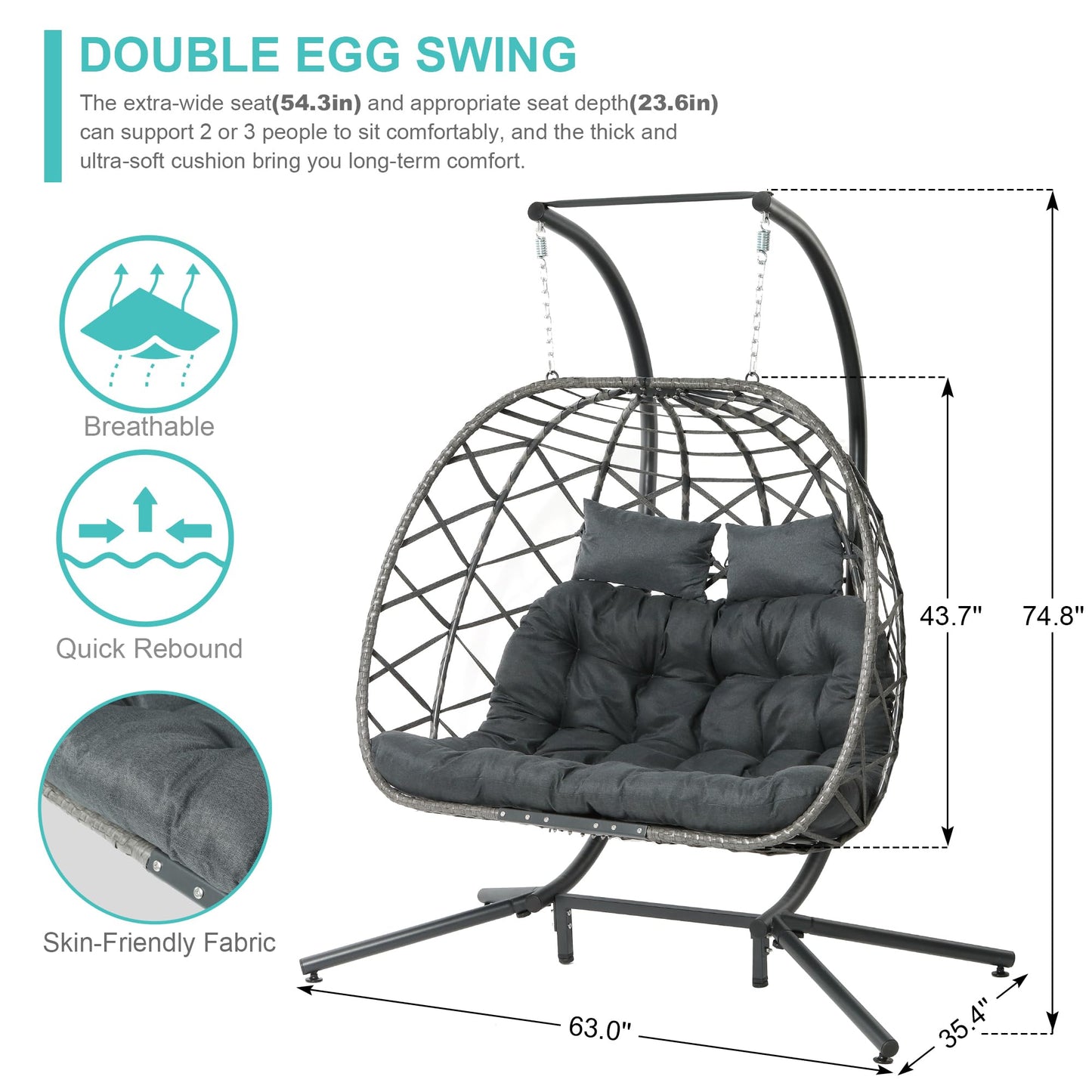 SWITTE Double Egg Swing Chair with Stand, 2 Person Outdoor Indoor Hammock Hanging Chair with Cushion for Patio Living Room 550 LBS Capacity-Dark Grey