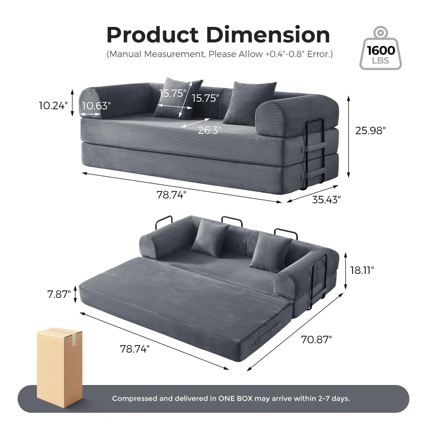 Bsxupke 79'' Convertible Sleeper Couch Bed, Floor Sofa Bed with Fixed-Shape Frame, Corduroy Floor Sofa with 2 Pillows, Loveseat Floor Sofa Lounge for Living Room Bedroom, Dark Grey
