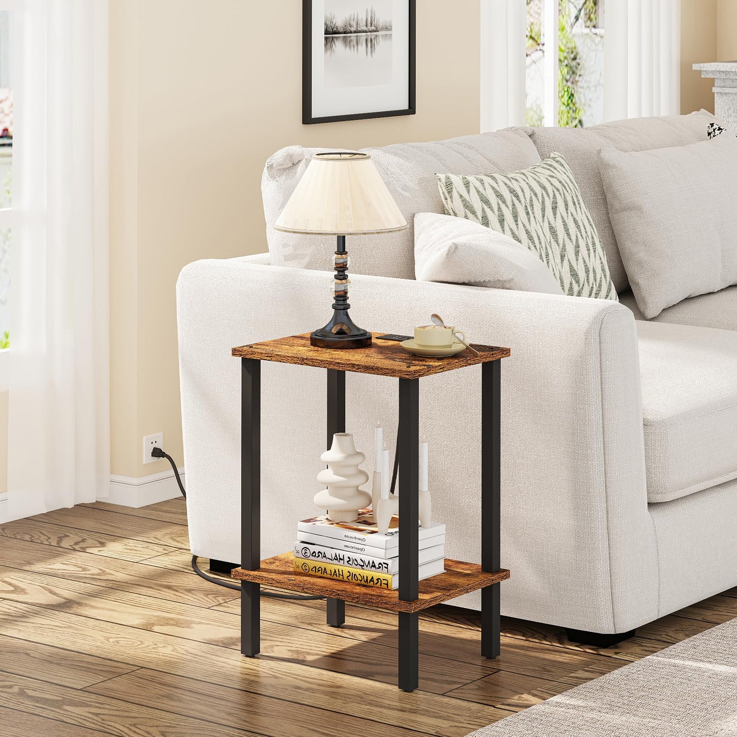 TUTOTAK End Table with Charging Station, Side Table with USB Ports and Outlets, Nightstand, 2-Tier Storage Shelf, Sofa Table for Small Space, 1 Package(2PCS) TB01BB041