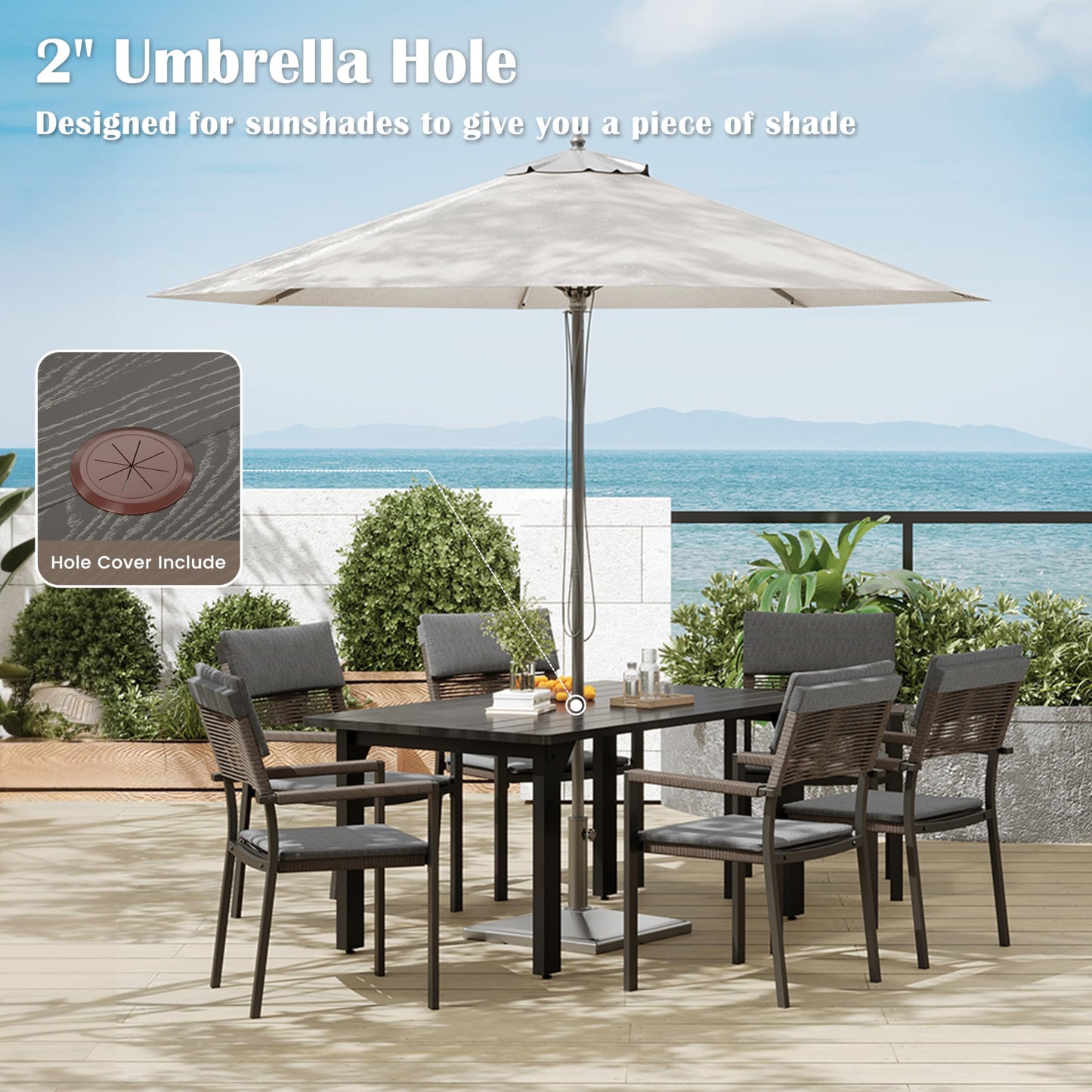 Sundale Outdoor Metal Dining Set for 6, 6-Piece Patio Dining Table and Stackable Rattan Chairs Set with Headrests and Cushions for Backyard, Garden, Deck, Dark Gray