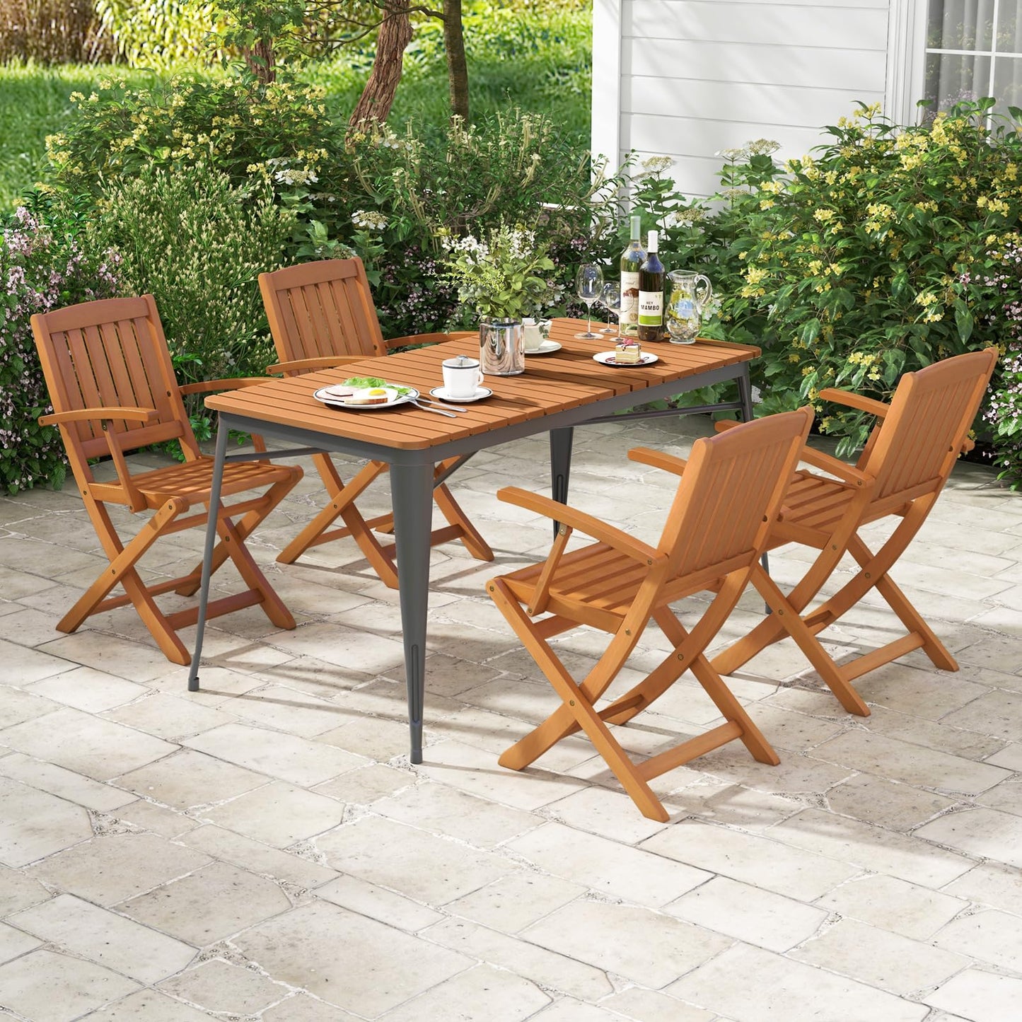 Tangkula Patio Wood Folding Chair Set of 4, Outdoor Eucalyptus Wood Dining Chairs w/Armrests & Slatted Seat, for Backyard, Porch, Poolside, Lawn, Garden, Load up to 400 LBS (2, Natural)