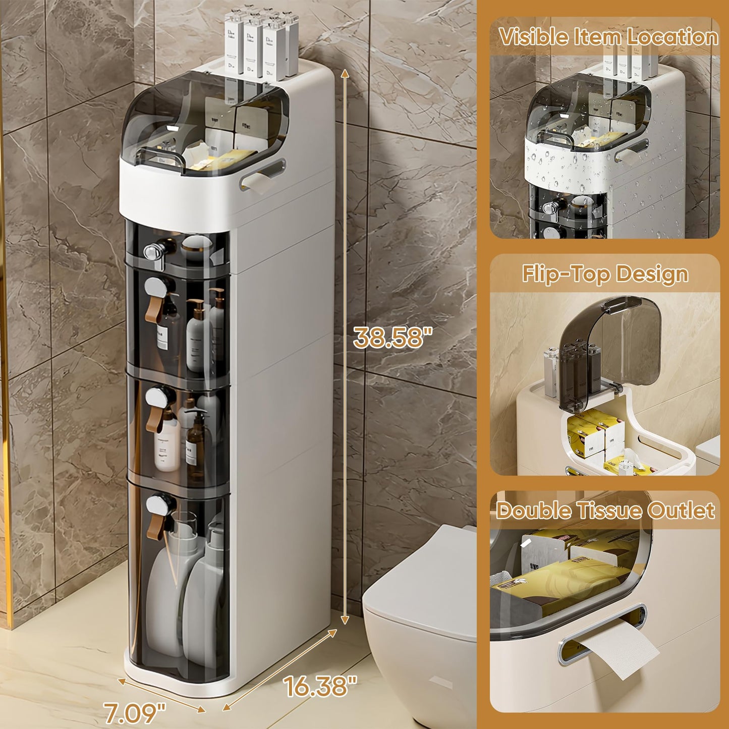 MOSAMNI 4-Tiers Slim Bathroom Storage Cabinet, Waterproof Narrow Storage Cabinet with Drawers for Small Spaces, Bathroom, Kitchen, Laundry, Living Room