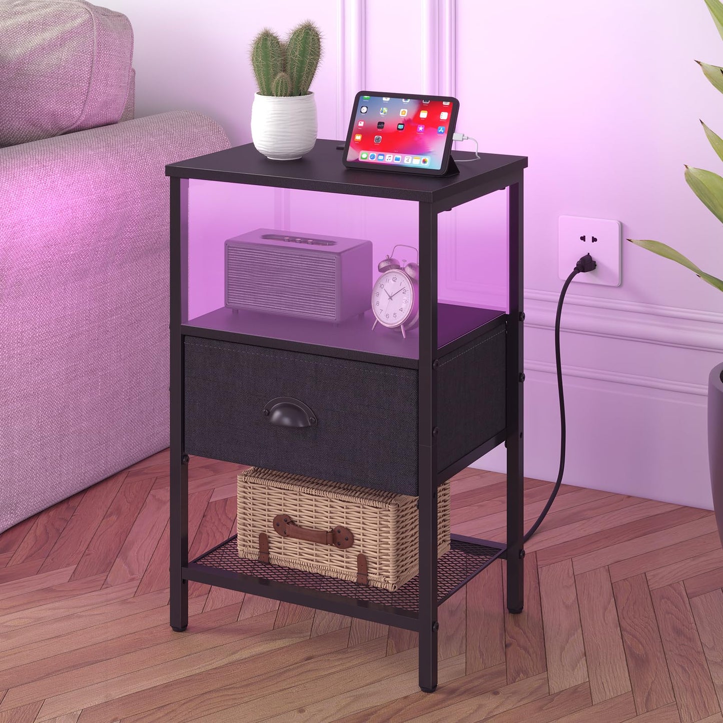 Sthmec Nightstands Set of 2, LED Bedside Tables with Charging Station and Fabric Drawer, Night Stand with Storage, 3 Tier Side Table with Open Shelf, LED Nightstand with Charging Station, Black