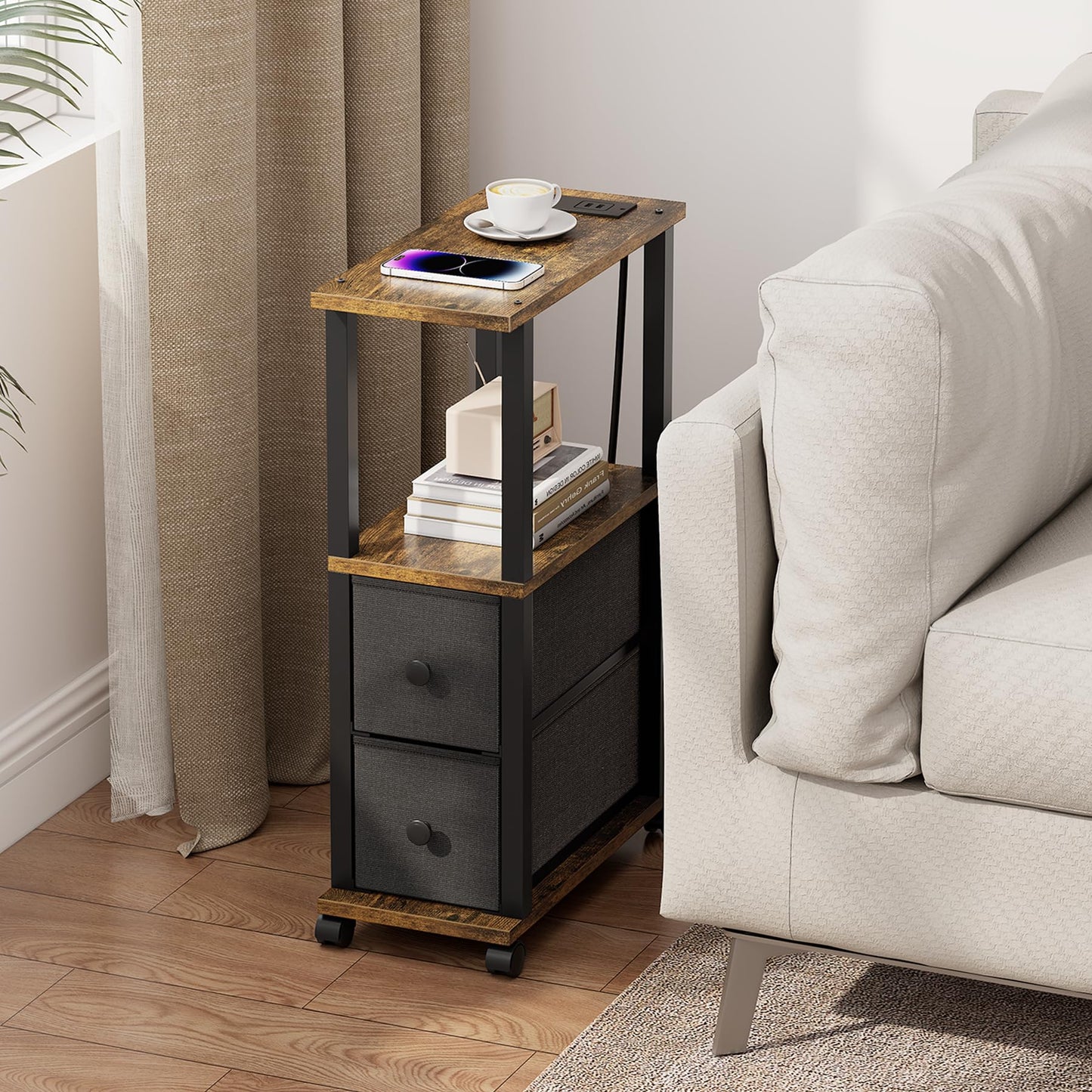 TUTOTAK Small Narrow End Tables, Side Tables with 2 Fabric Drawers, Set of 2, Bedside Tables with Charging Station for Small Spaces, Slim Nightstands with USB Ports and Wheels, TB01BB053