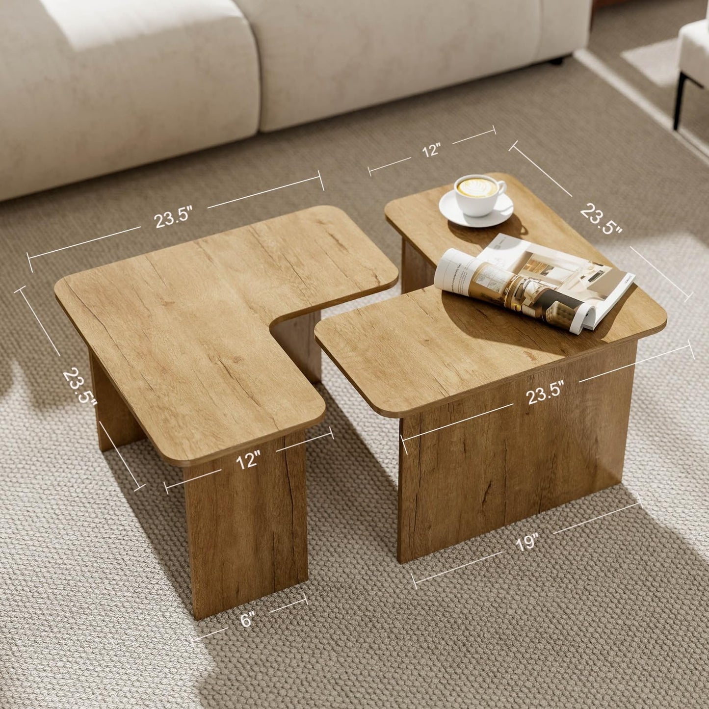 Modern Nesting Coffee Table Set of 2, Natural Wooden L-Shape Square Coffee Table for Living Room, Small Center Table End Table Sets with Rustic Wood Grain for Bedroom Office Cafe