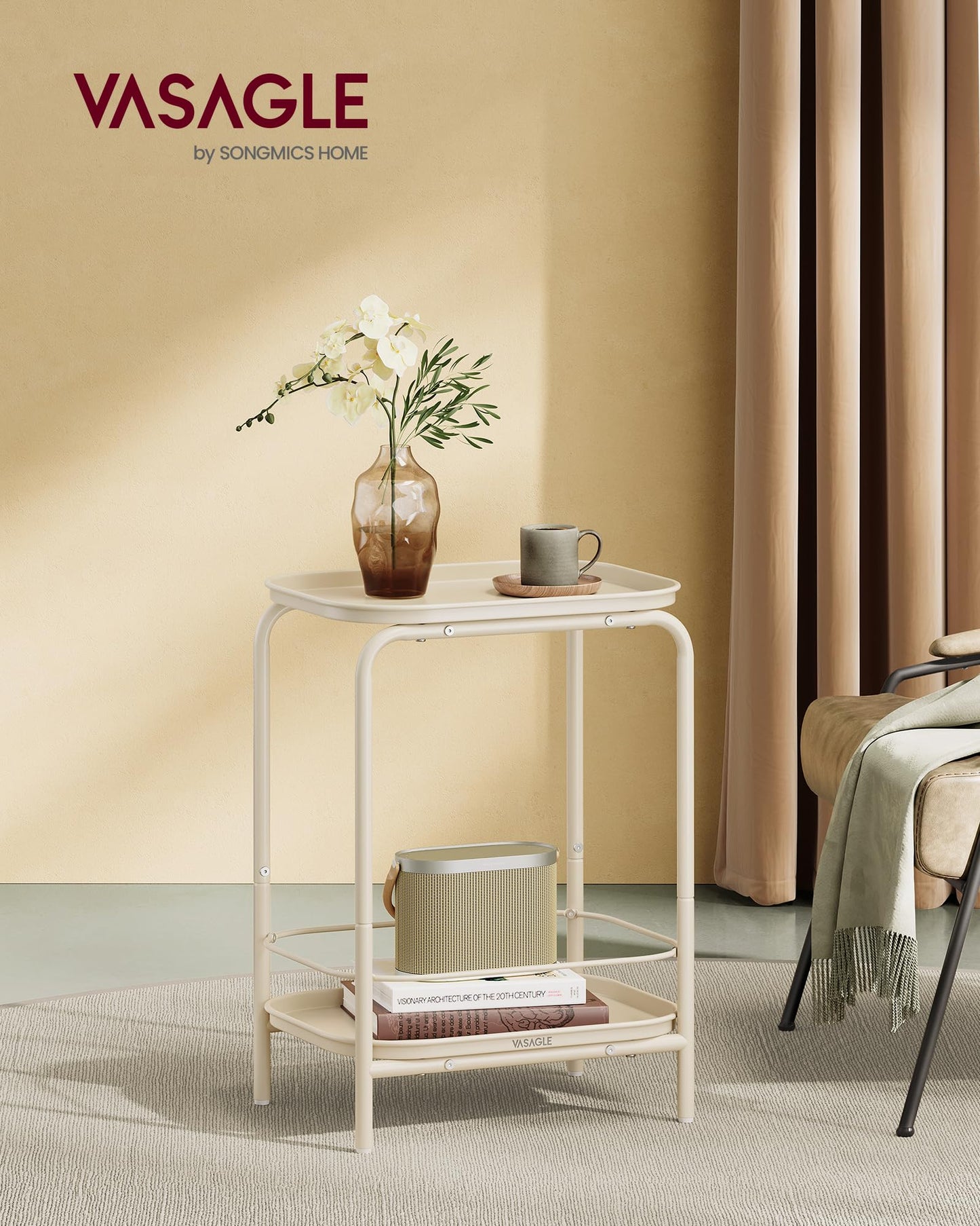 VASAGLE 2-Tier Outdoor Table, Small Side End Table with Tray Storage, Bedside Nightstand for Living Room, Bedroom, Modern Style, Cream White ULET243W01