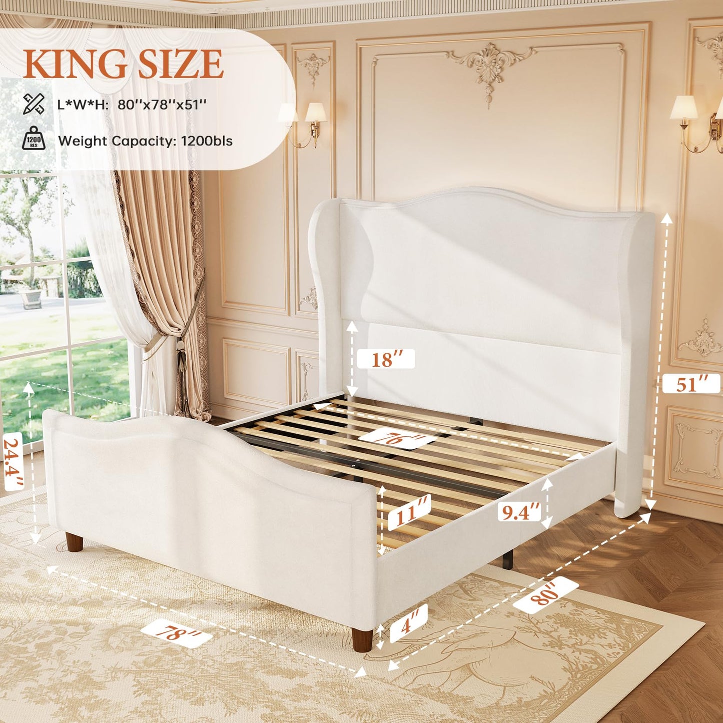 Koorlian King Size Bed Frame Chenille Upholstered Platform Bed with Headboard and Footboard, 51" High Deep Curved Tufted Wingback Upholstered Sleigh Bed Frame No Box Spring Needed/Easy Assembly, Cream