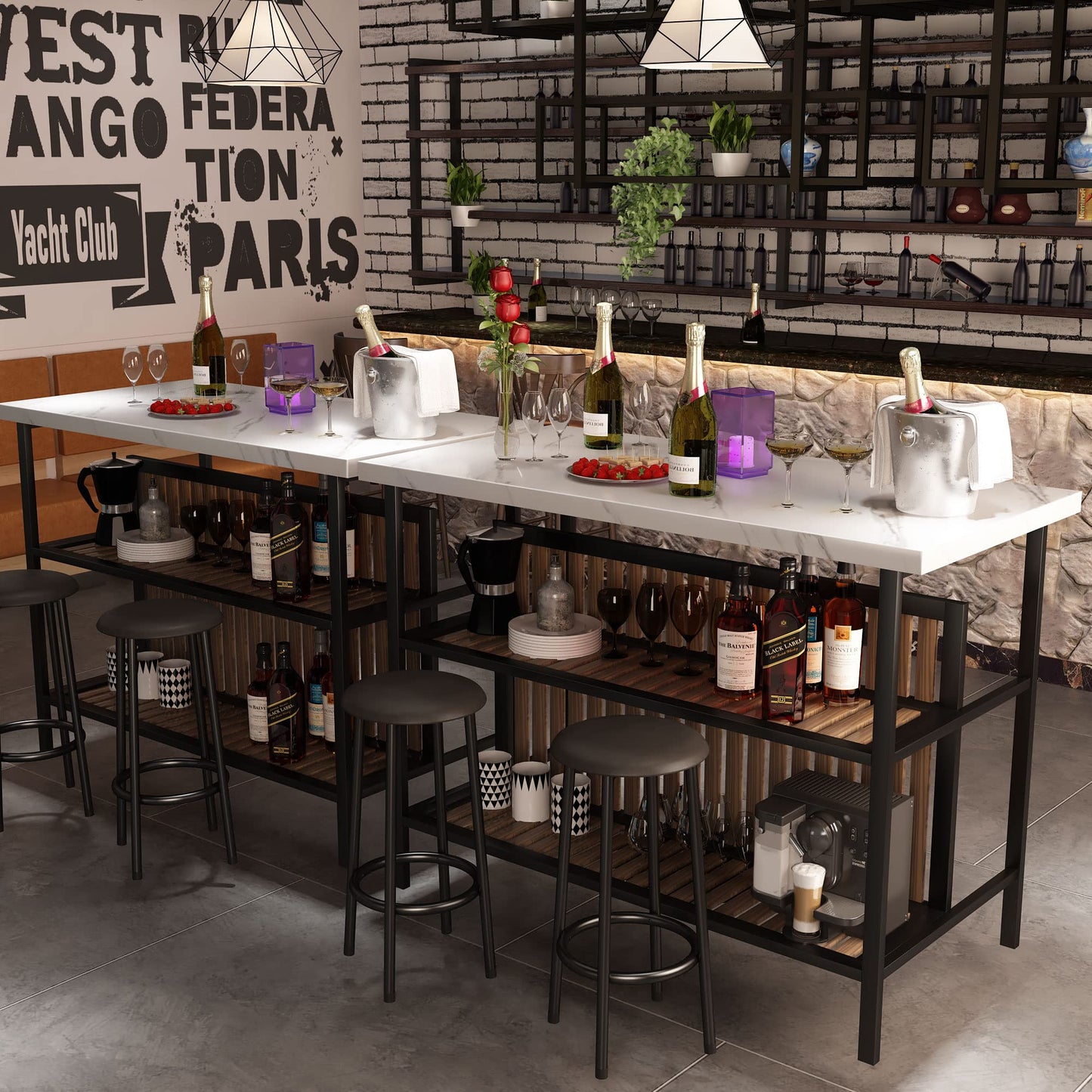 Recaceik Kitchen Island with Seating, 47.2 Inches Kitchen Island with 2 Barstool, Industrial Counter Height Table with Storage, Wooden Dining Table Set of 2 for Dining Room, Bar, Easy to Assemble