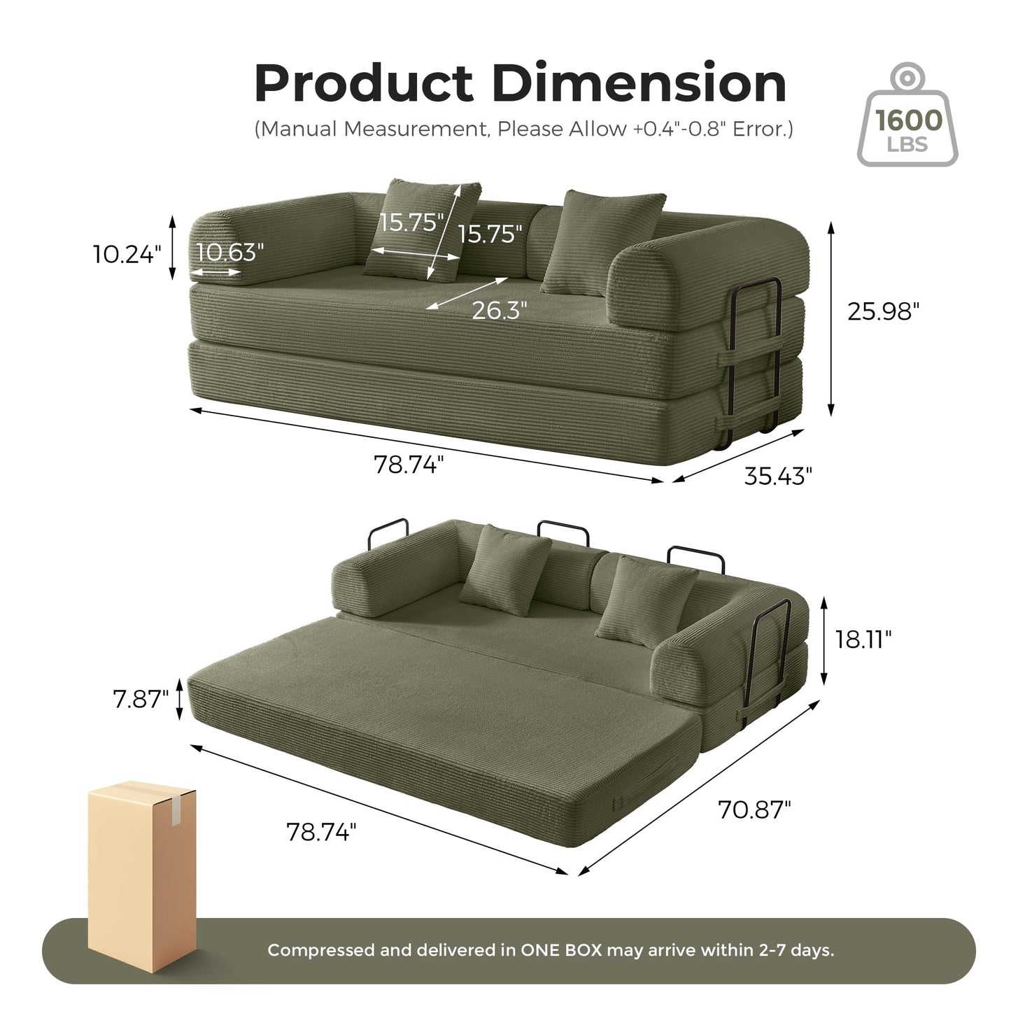 Bsxupke 79" Compression Sofa, Convertible Sleeper Sofa Bed, Couch Bed with Fixed-Shape Frame, Corduroy Floor Sofa, Couches for Living Room with 2 Pillows, No Assembly Required, Green