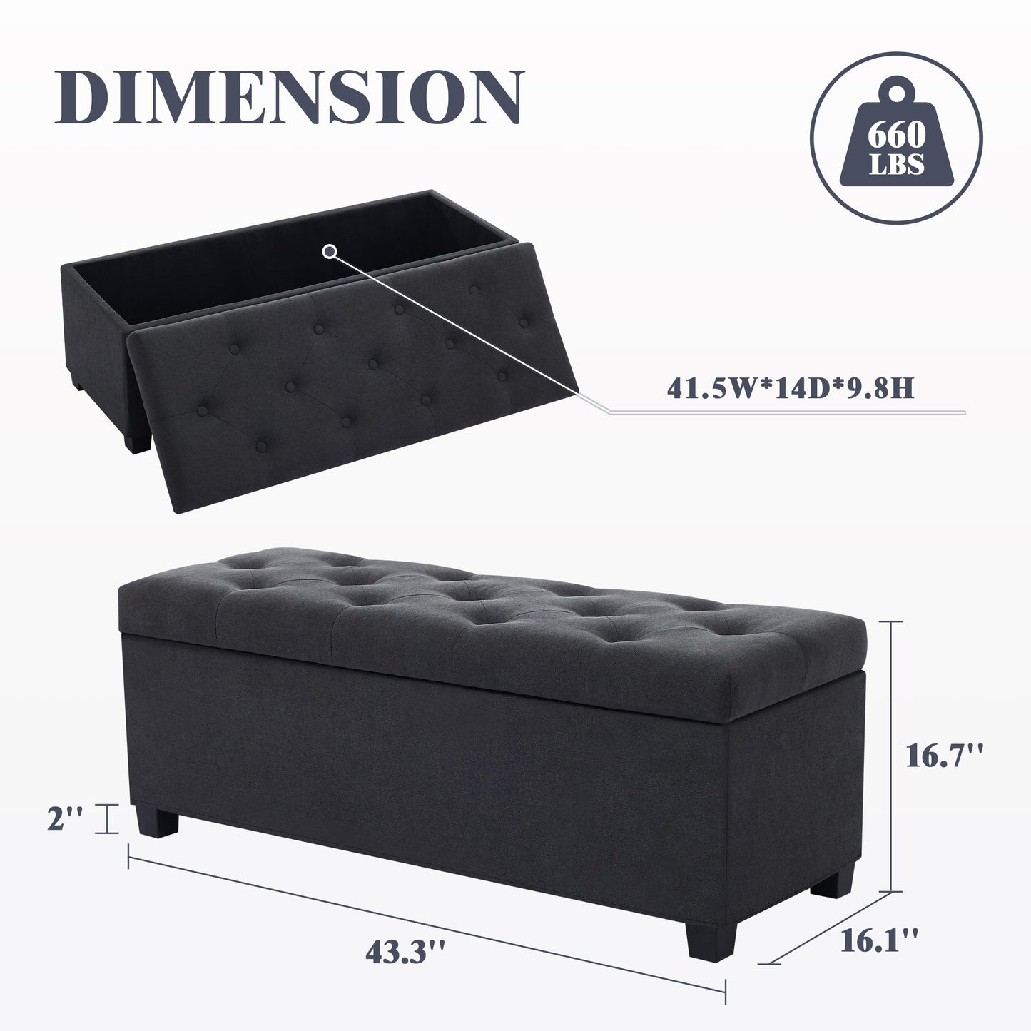 Mangodan 43’’ Storage Ottoman Bench, Linen Entryway Benches Load up to 660 Lb, Modern End of Bed Benches for Bedroom, Ottoman with Storage Bench for Living Room, Dark Gray