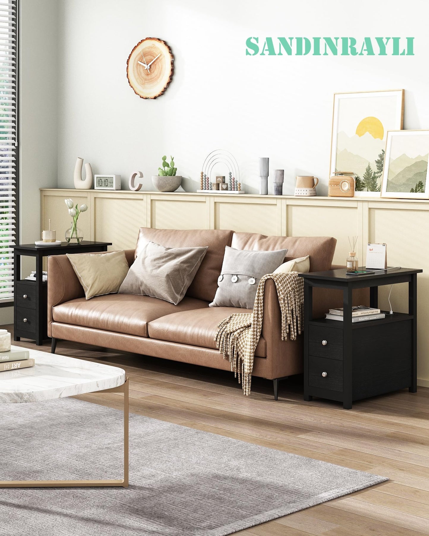 Sandinrayli End Table with Charging Station, Side Table with 2 Drawer & USB Ports & Power Outlets, Nightstand for Small Spaces, Bedside Tables for Living Room Black