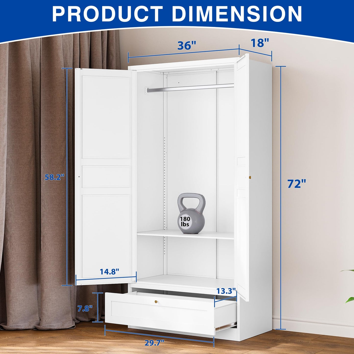 BYNSOE Metal Armoire Wardrobe Closet with 2 Doors 72'' Wardrobe Cabinet with Drawers and Hanging Rail Metal Closet with Adjustable Shelves for Bedroom. (White, with 1drawer)