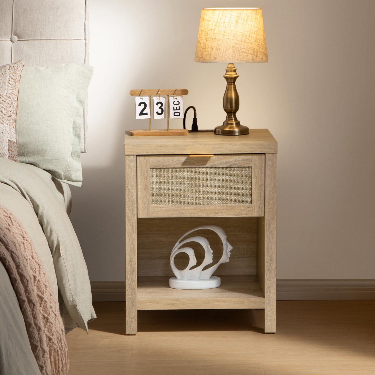 SICOTAS Night Stand Set of 2 with Charger Station Rattan Nightstands with Drawer Farmhouse Bedside Table with USB and Type-C Ports Boho End Side Table for Bedroom Small Space, Light Oak