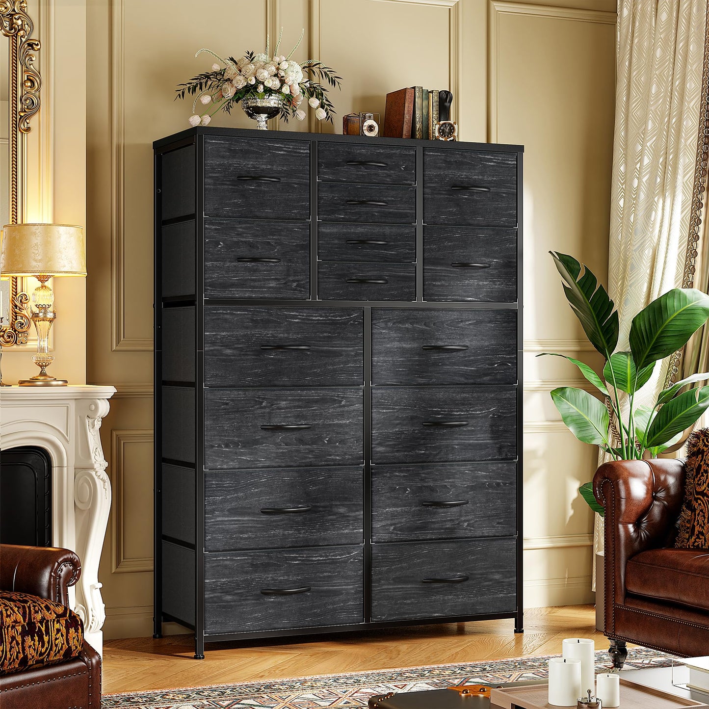Romorgniz 57“H Tall Dresser for Bedroom with 16 Drawers,Fabric Dressers & chests of Drawers for Closet,Large Black Dresser with Sturdy Metal Frame, Wood Top,Entryway, Hallway