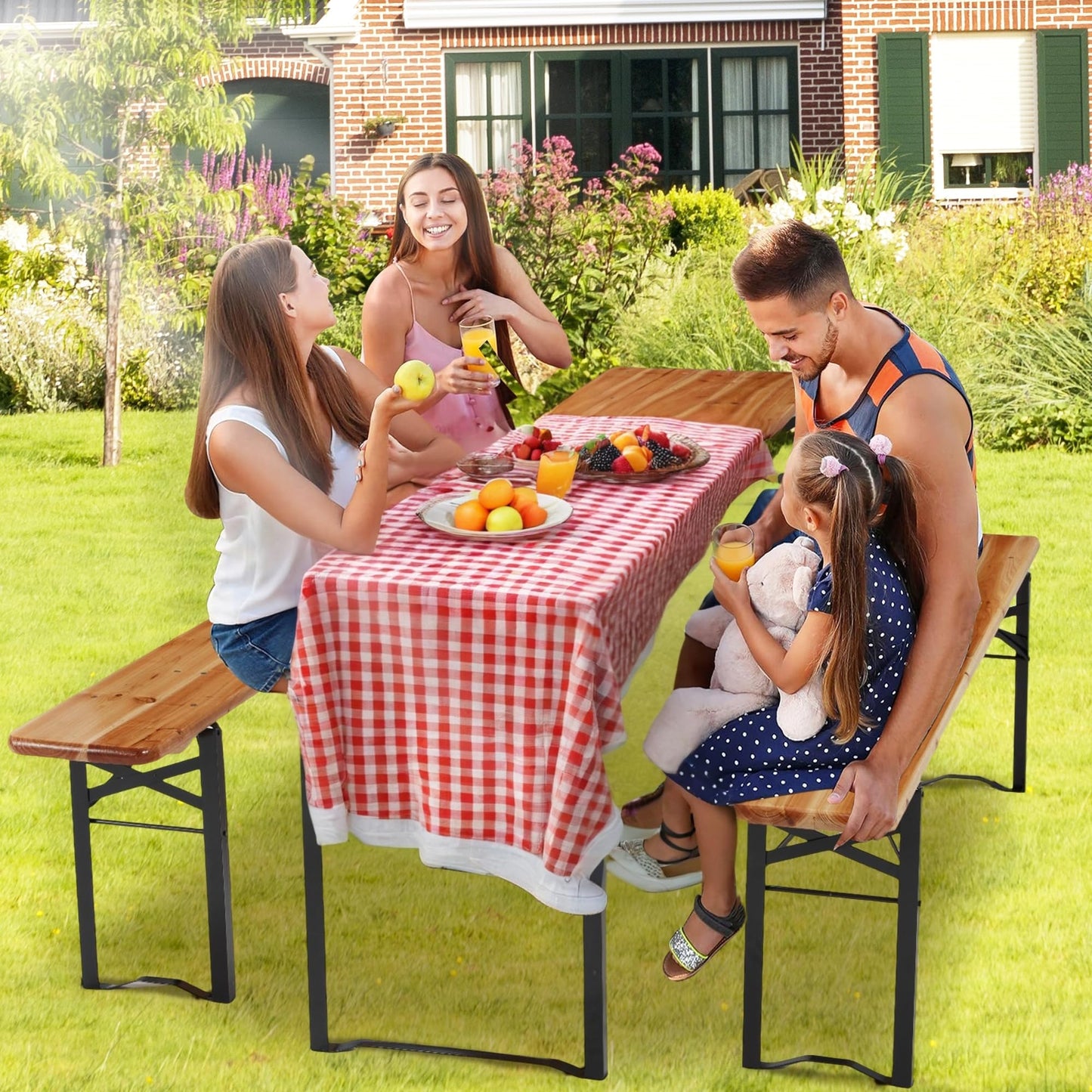HOMREST Folding Picnic Tables with 2 Benches Set,70" 3-Piece Portable Table for 6-8 Persons๏ผOutdoor Dining Table with Weather-Resistant Wooden and Sturdy Steel Frame for Patio,Party,BBQ and Camp