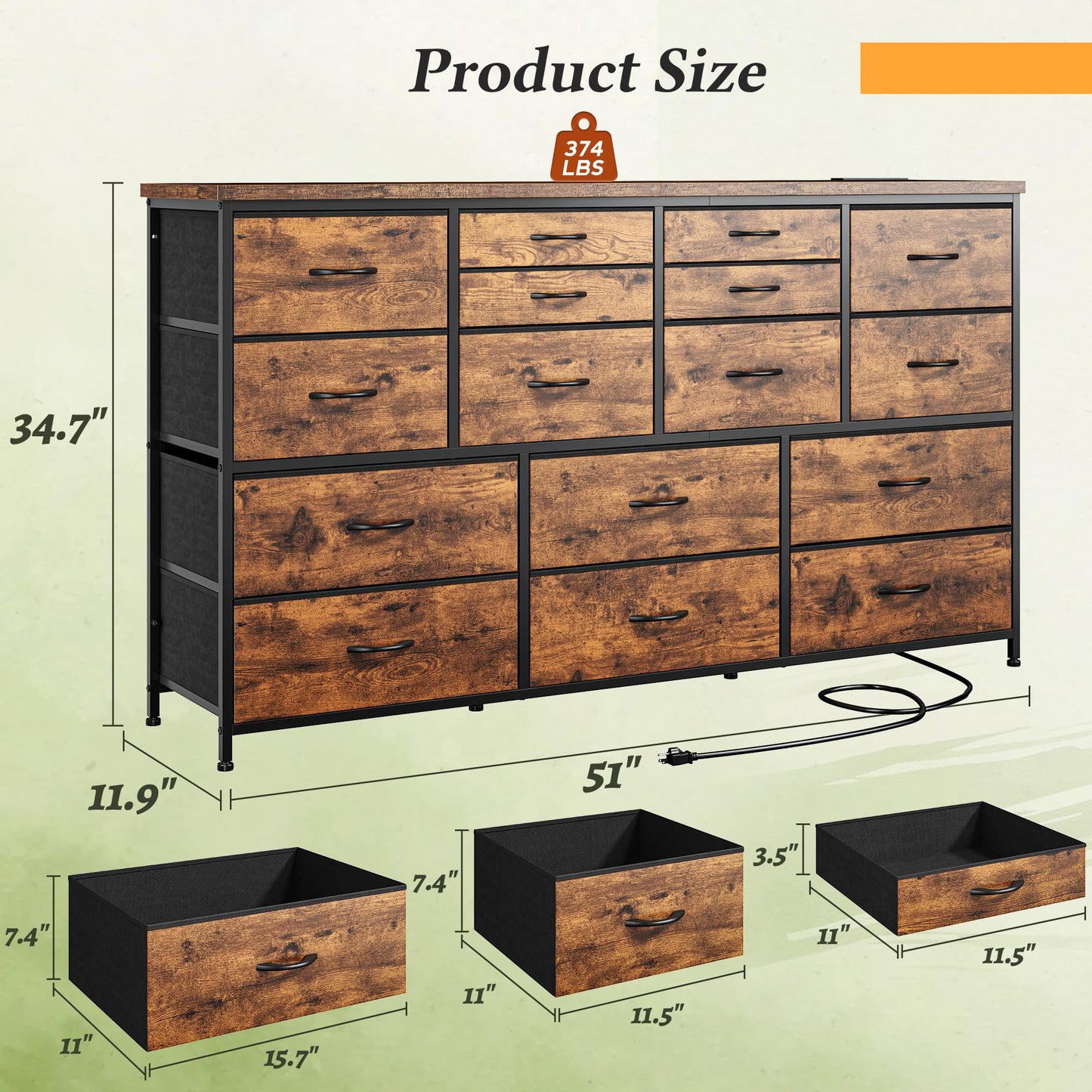 Romorgniz Dresser for Bedroom with 16 Fabric Drawers Long Dresser with Charging Station TV Stand for 60" TV Dressers & Chest of Drawers for Bedroom, Living Room, Closet, Rustic Brown