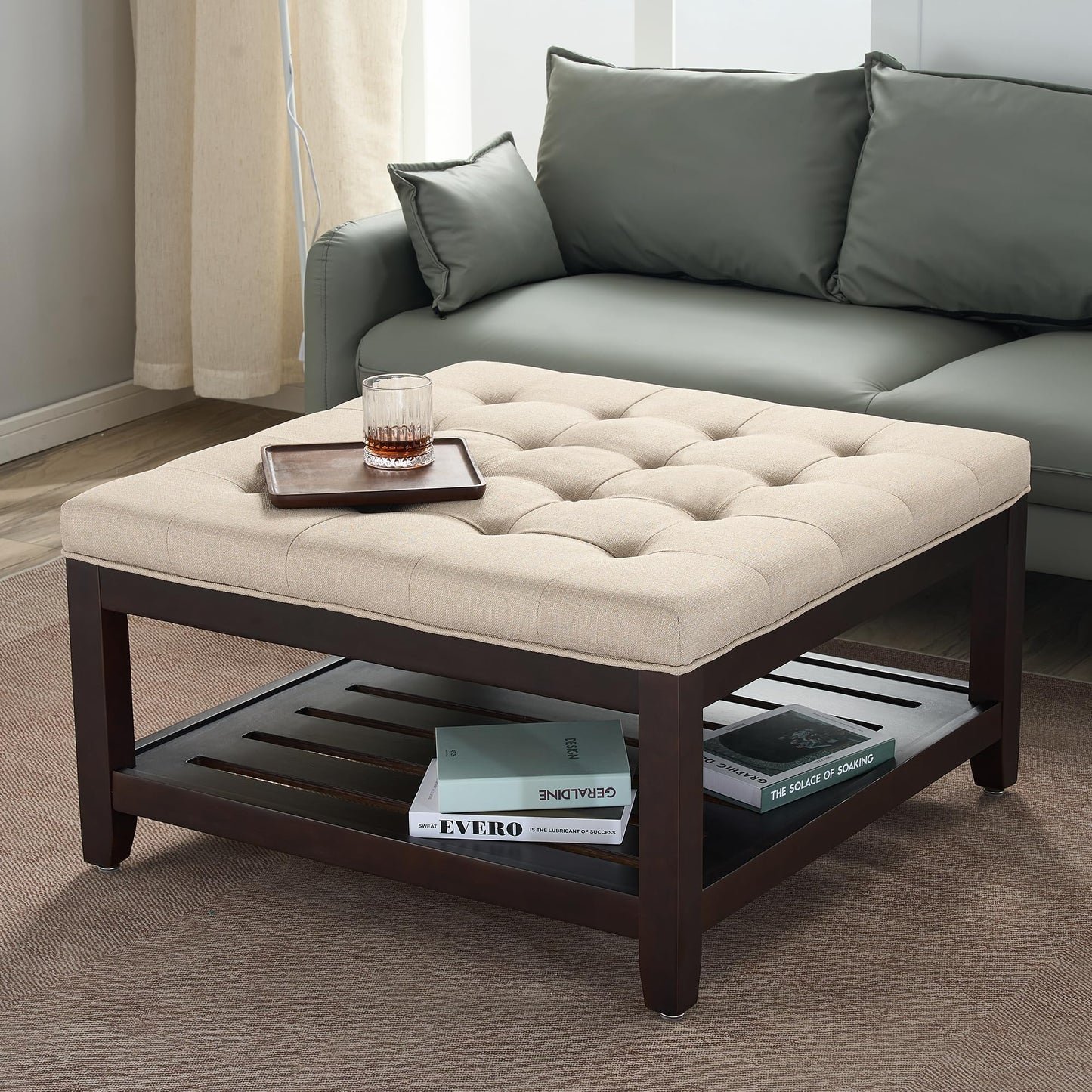 adochr Linen Large Square Ottoman with Storage, Upholstered Button Tufted Ottoman for Living Room, Oversized Ottoman Coffee Table Footrest with Solid Wooden Square Tray, Light Brown