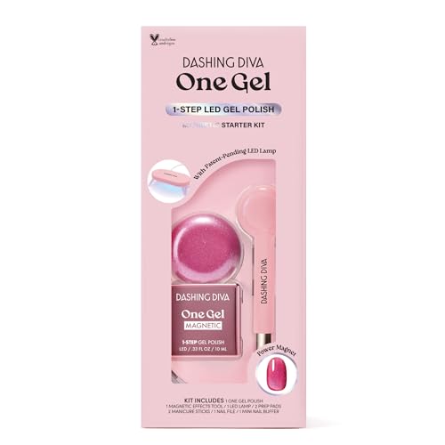 Dashing Diva One Gel Magnetic Starter Kit - Villainous - 3 in 1 Base Coat, Nail Color & Top Coat - Magnetic Polish - 9-Piece Manicure Set with LED Gel Lamp