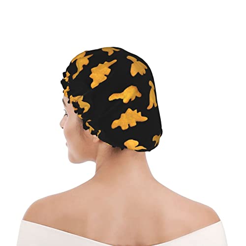 Cute Dinosaur Chicken Nuggets Shower Cap Reusable Double Waterproof Layers Bathing Shower Hat Hair Protection Shower Hat