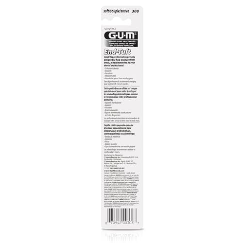 GUM End Tuft Toothbrush - Extra Small Head for Hard-to-Reach Areas - Implants, Back Teeth, and Wisdom Teeth - Soft Dental Brush for Adults (6pk)
