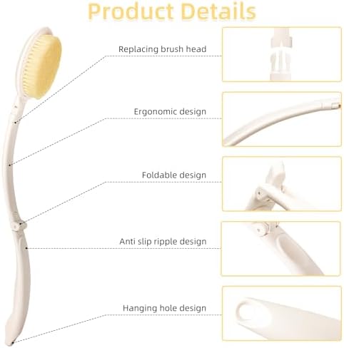 LFJ 19" Long Handle Shower Sponge Brush Set, 3 in 1 Body Brush, Bath Sponge and Lotion Applicator Improved Skin Health, Suitable for Men and Women (White Brush-2P)
