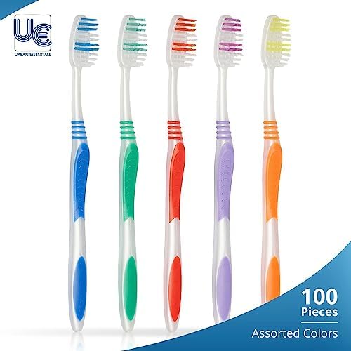 Urban Essentials Bulk Toothbrush Package with Covers | Premium Quality Individually Wrapped Colorful Tooth Brushes | Medium Soft Toothbrush Hygienic Cap for Donations, Travel, Hotels (100 Pack)