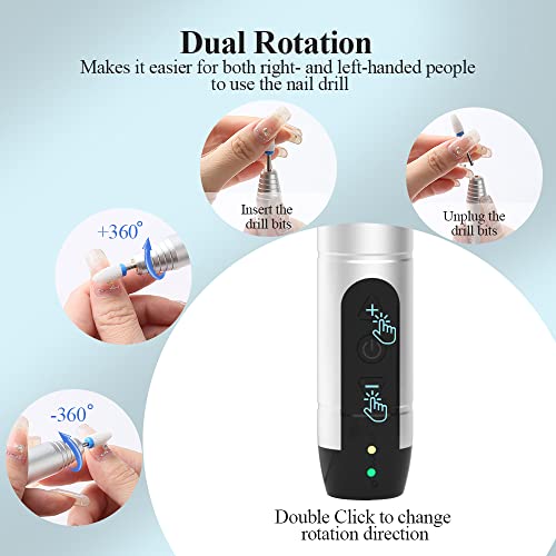Electric Nail Drill Cordless, TOUCHBeauty Electric Nail File Machine Professional 12 in 1 for Acrylic Gel Nails, Manicure Pedicure Kit for Polishing Rechargeable (Silver)