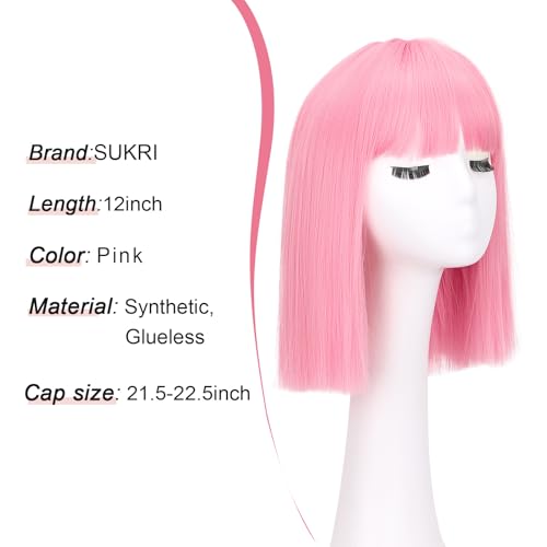 Pink Bob Wig With Bangs - Short Straight Bob Bangs Wig, 12Inch Heat Resistant Synthetic Hair, Natural Looking For Daily Party Use