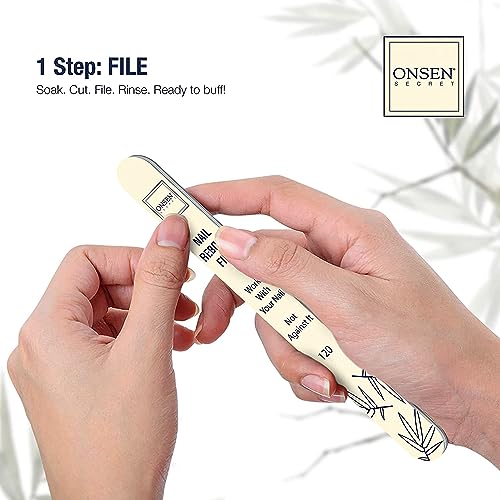 Onsen Secret Complete Nail Reboot Kit w/Nail Reboot Oil 10ml, Nail File 120/180 Grit Double Sided, A 3-Way Nail Buffer Block & Cuticle Serum-15ml w/Cuticle Oil in Action-Super Value Pack