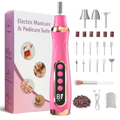 Professional Manicure Pedicure Kit Cordless Electric Nail File Set 6 Speed Cordless Nail Drill for Thick Nail Toenail Cuticle Hand Foot Care Nail Drill Tool(Rose)