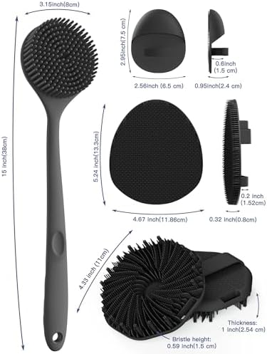 Manmihealth Silicone Back Scrubber & Soft Bath Glove Set 4 PCS(Thick Bristles), Super-Exfoliating Body Scrubber & Super-Lathering Shower Brush Combination, with 2 Free Hooks (Black)