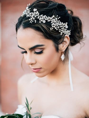 SWEETV Crystal Bridal Headpiece Silver Wedding Headband for Brides Pearl Hair Vine Rhinestone Hair Accessories for Women