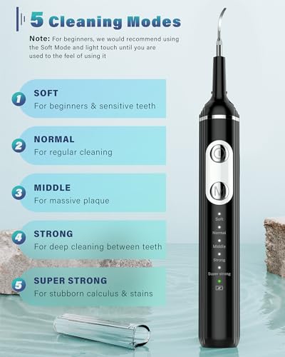 Plaque Remover for Teeth, Dental Cleaning Kit Tartar Remover for Teeth with LED Light & 5 Modes, Rechargeable Dental Cleaner, 4 Replaceable Heads