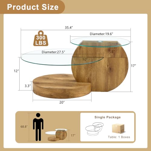 JCXINMZILY 35 Inch Glass Coffee Table，Round Coffee Table with 2-Tier Tempered Glass Tabletop，Easy to Clean Circle Coffee Table with Sturdy Base for Living Room，Office （Brown Colored Base）