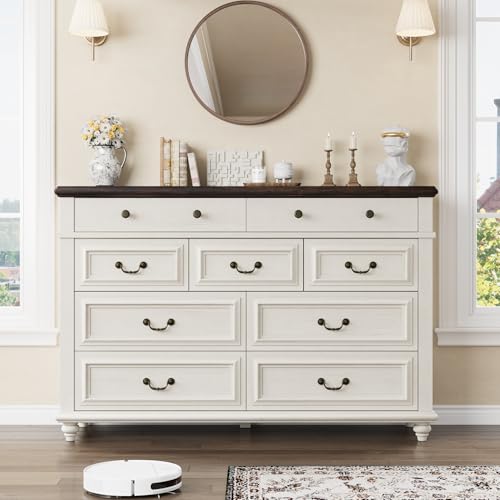 Jocoevol Cream Farmhouse Dresser for Bedroom, 9 Drawer Chest of Drawers, Tall Dressers for Bedroom Storage, Dresser for Closet, Dressers & Chests of Drawers (Cream, 53.5" Wide)