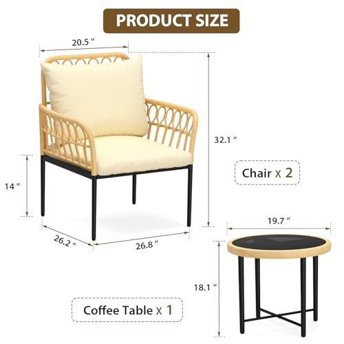 Garvee Bistro Set 3-Piece, Patio Conversation Set, All-Weather Wicker Outdoor Sectional Furniture Chairs with Table & Cushions Beige for Garden Patio Deck