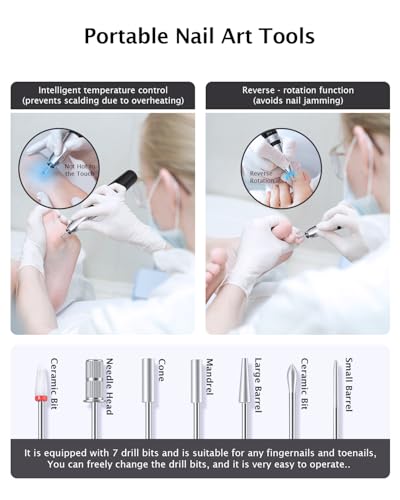Professional Electric Nail Drill Kit, Cordless Nail File Machine for Home/Salon Use, 5-Speed Manicure Pedicure Tools with LED Light, Quiet Nail Grinder for Acrylic/Gel/Thick Toenails