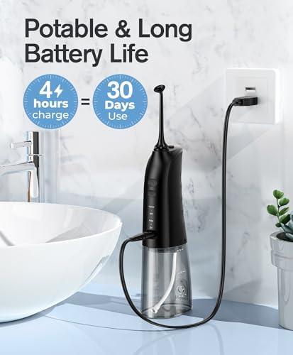 Demita Cordless Water Flosser for Teeth, 300ML 3 Modes 5 Jet Tips Portable Electric Flosser Pick for Adults, IPX7 Waterproof Oral Irrigator Cleaning Kit for, Gums, Braces Care(Black)