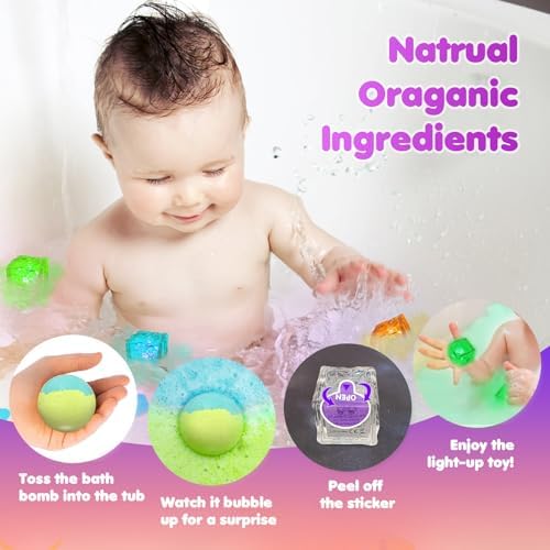 Bath Bombs for Kids with Surprise Toys Inside, 8 Pcs 3.5 Oz Light Up Bath Bombs Gift Set with Essential Oils, Handmade Spa Moisturizing Bath Bombs for Women Relaxing, Birthday, Party, Christmas