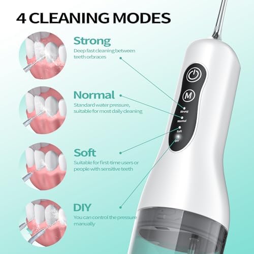 Water Flosser Teeth Cleaner, 4 Modes Rechargeable Portable Cordless Oral Irrigator 260ML Electric Dentel Flossers With DIY Strength, IPX7 Waterproof Travel Flossing Cleaning Picks for Home Light White